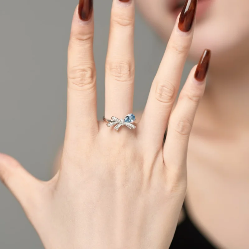 NewS925Sterling Silver Plated18KGold Women's Bow Ring with Sea Blue Zircon Engagement Ring