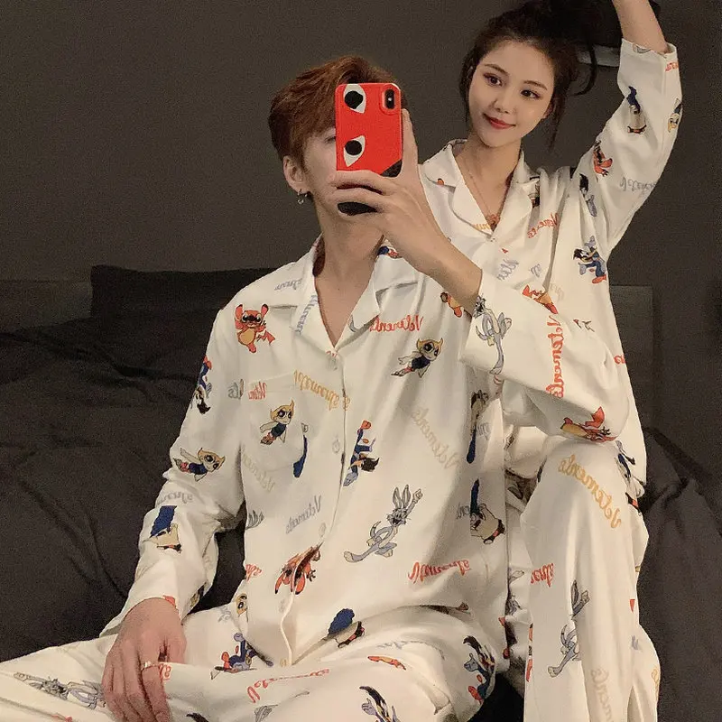 Couple Pajamas Women\'s Cotton Spring and Autumn 2023 New Korean Long Sleeve Autumn Cartoon Men\'s Homewear Set