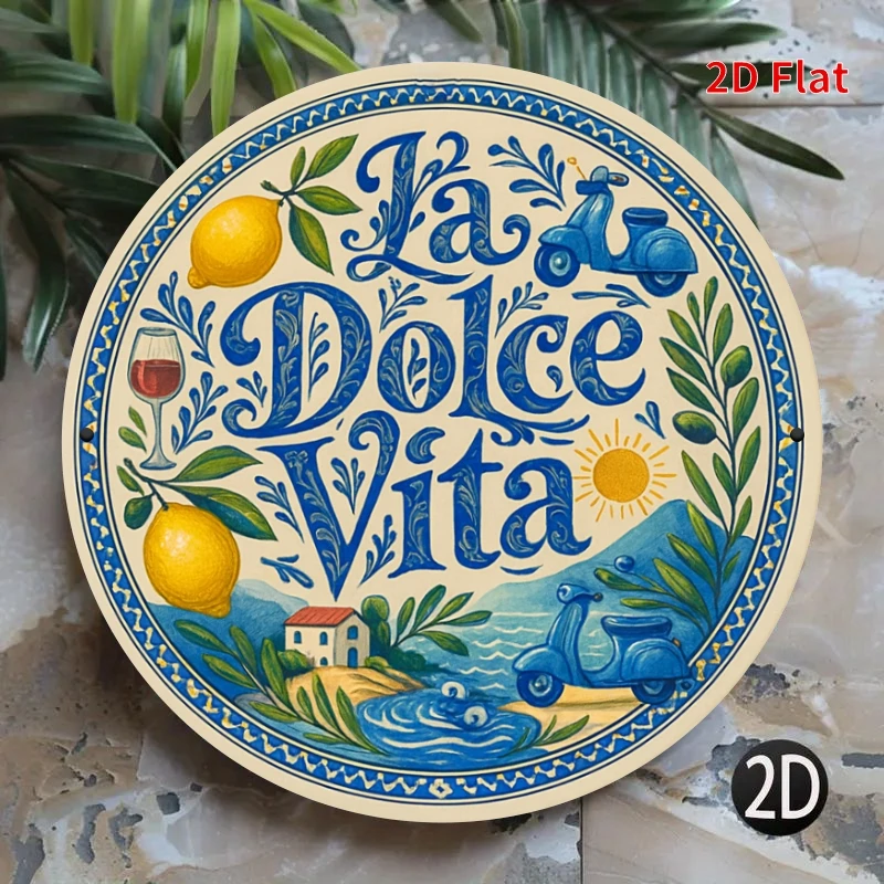 [2D Flat] 1pc 20x20cm Round Aluminum Sign | La Dolce Vita Italian Tin Sign with Lemon and Scooter Wall Decor for Kitchen, Room D