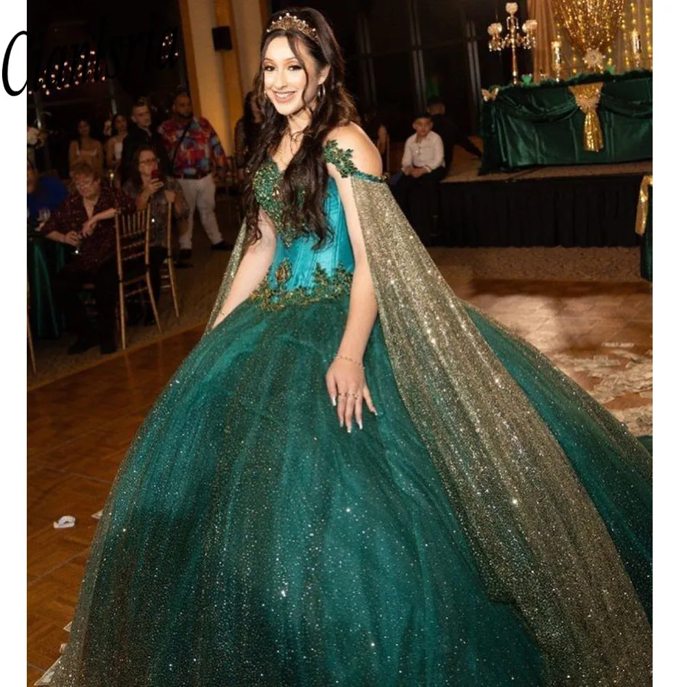 Sparkly Emerald Green Shiny Quinceanera Jurk 2023 Met Cape Baljurk Mouwloze Corset Vestido De 15 Anos