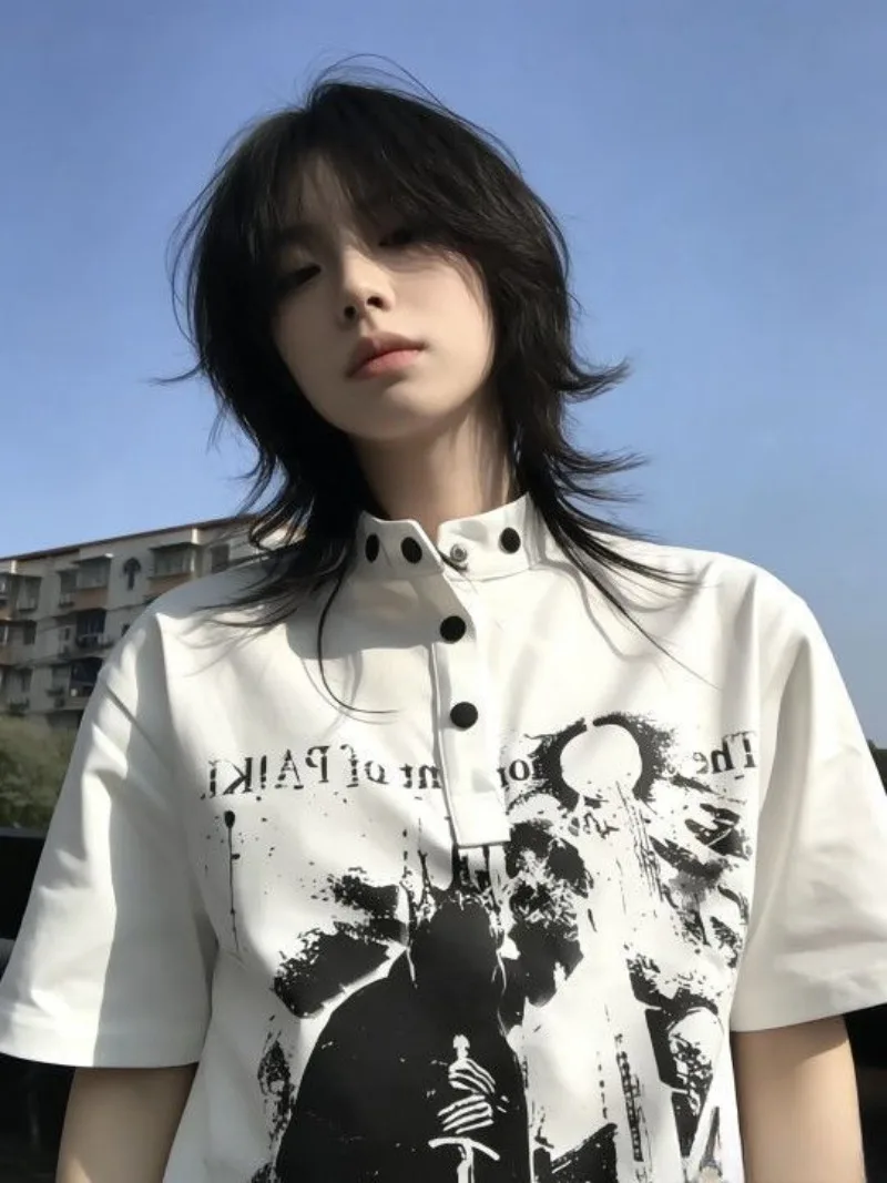 

Kimotimo Gothic Graphic Print Short Sleeve T Shirts Women Harajuku Y2k Stand Collar Button Tops Japanese Retro Streetwear Tees