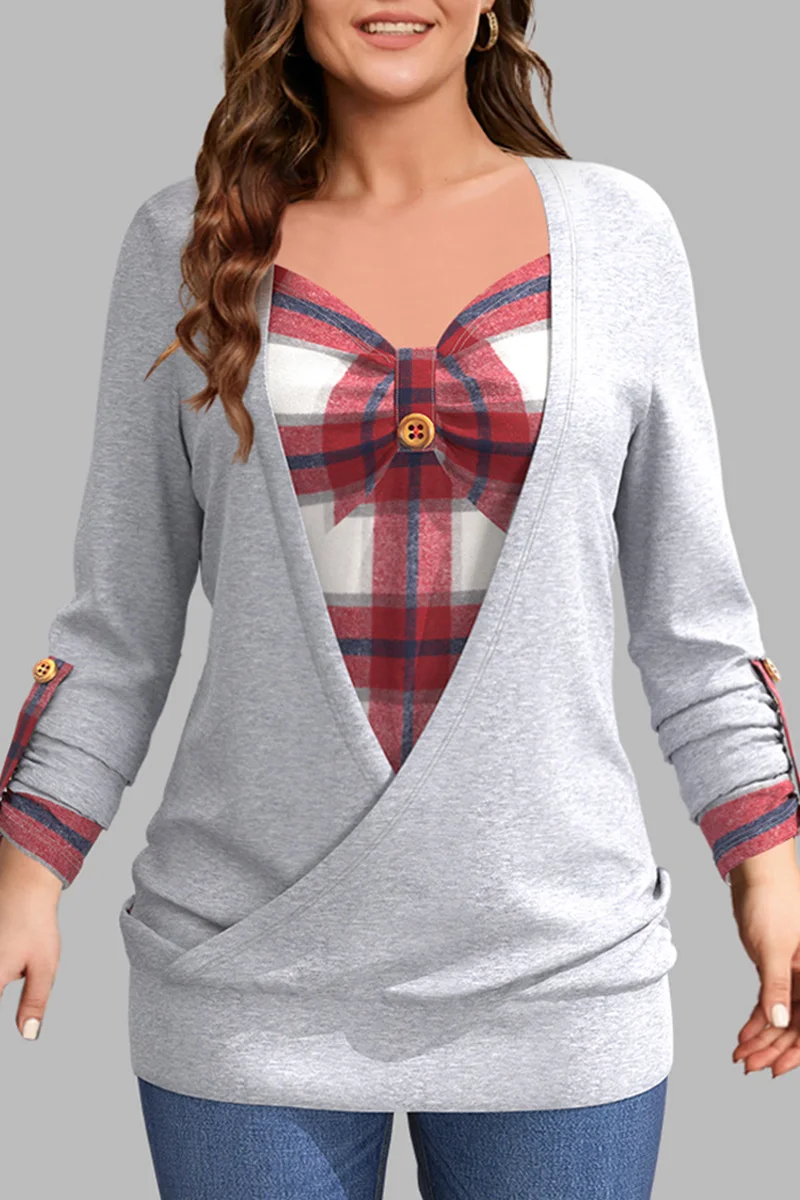 Office Lady Blouse Plaid Patchwork Fake Two Piece Bottoming Shirt Plus Size Pull-up Sleeve Women T-shirt Daily Wear Vintage