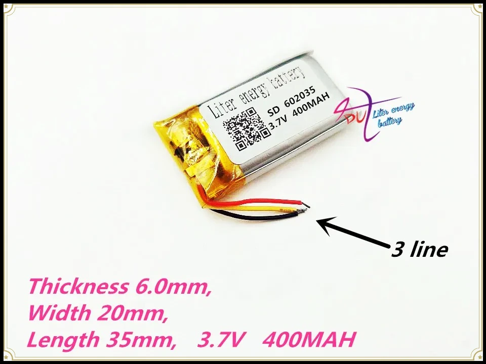 Batteria al Litio 3 Fili 602035 062035 400mAh per Auto, Produttori di Batterie al Litio Polimero 3.7V per WiFi, MP3, MP4, Lettori di Storie
