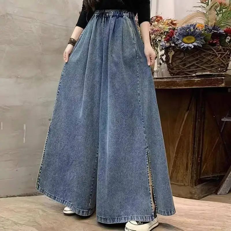 

2026 New Summer Women's High Waist Split Wide Leg Pants Vintage Retro Loose Denim Skirt Pants Casual Daily Trousers