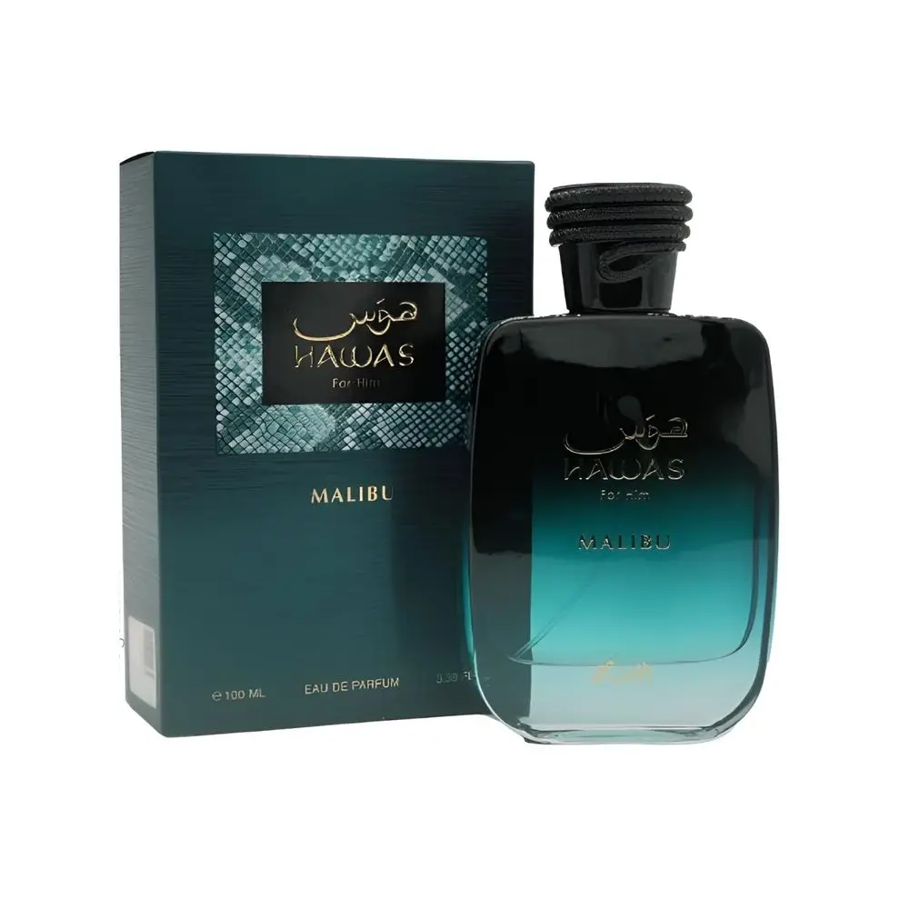 Perfume Rasasi Hawas Malibu EDP para Homens 100ml, Colônia Tropical Cítrica Amadeirada de Longa Duração, Caixa de Presente Luxuosa, Fragrância Masculina