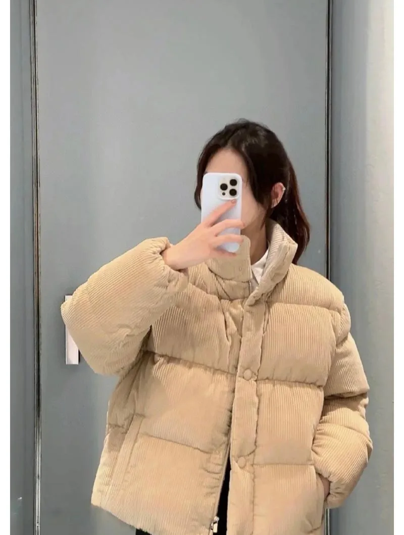 2024 New Fashion Winter 90% White Duck Down Coat Women Beige Corduroy Stand Collar Stripes Quilting Bread Style Loose Jacket