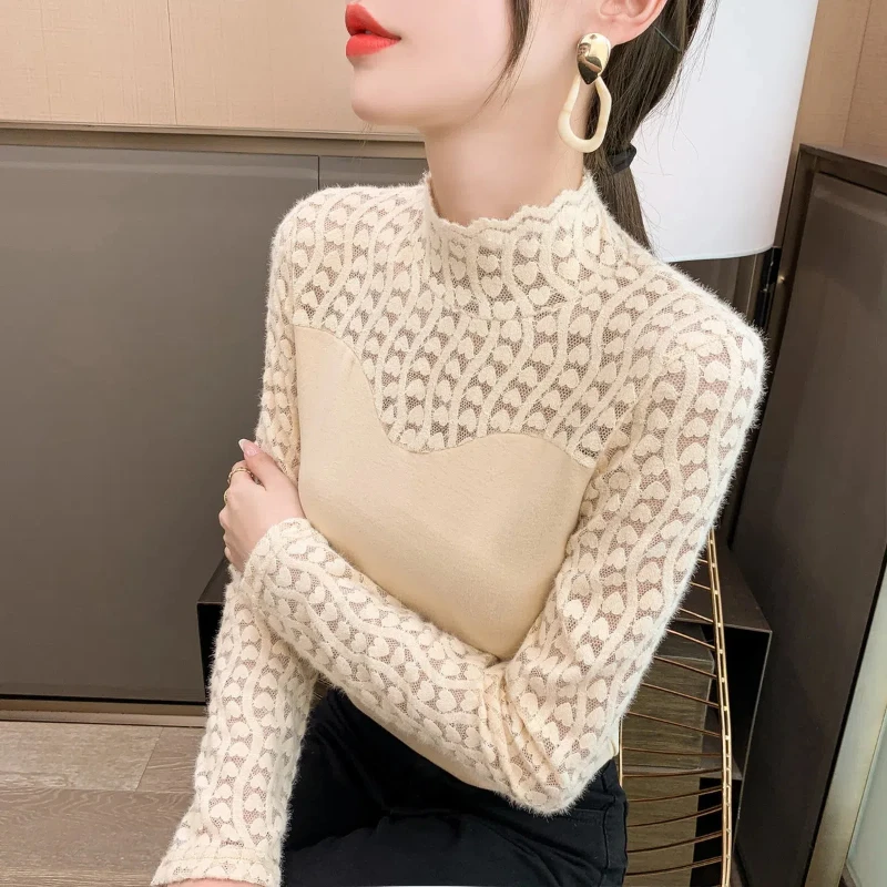 Korean Fashion Autumn Winter Women\'s Mock Neck Solid Lace Hollow Warm Elegant Long Sleeve Loose Pullovers Bottoming Shirt Tops