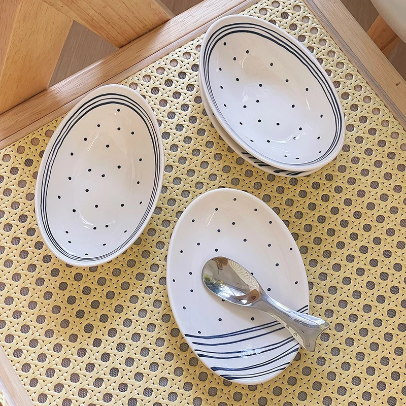 Polka Dot Striped Oval Dish Cute Retro Ceramic Disc Home Kimchi Small Plate Sushi Sashimi Dip Saucer Breakfast Fruit Bowl