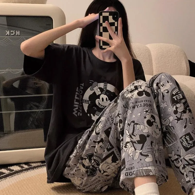 

MINISO новые длинные брюки с короткими рукавами, женская одежда для сна с рисунком Микки, прямая трансляция, корейский свободный костюм