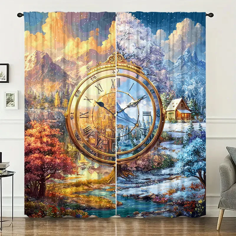 Four-season landscape clock pattern high-definition digital printed curtains semi-transparent decoration in living room bedroom