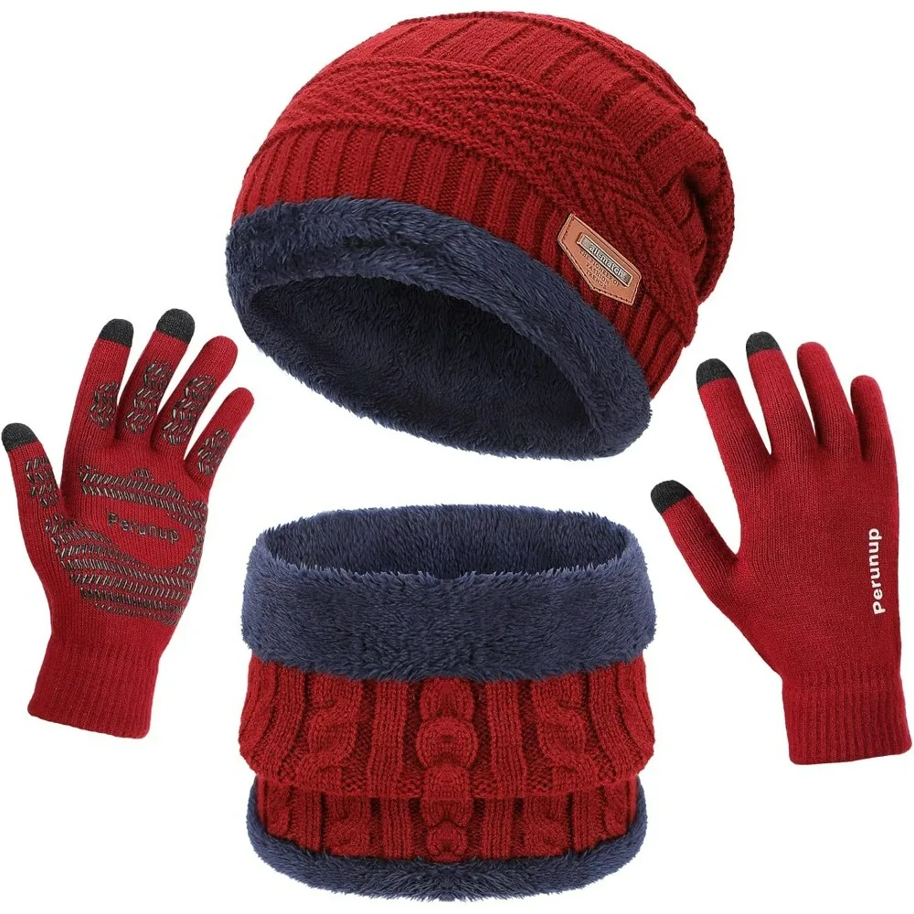 Womens Winter Knit Beanie Hats and Touchscreen Gloves Long Scarf Set with Warm Fleece Lined Skull Caps Scarves for Women