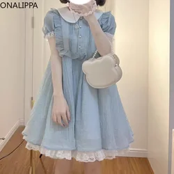 Onalippa Wood Ear Hem Blue Summer Dress Puff Short Sleeves Peter Pan Collar Princess Dresses Korean Kawaii Sweet Vestidos