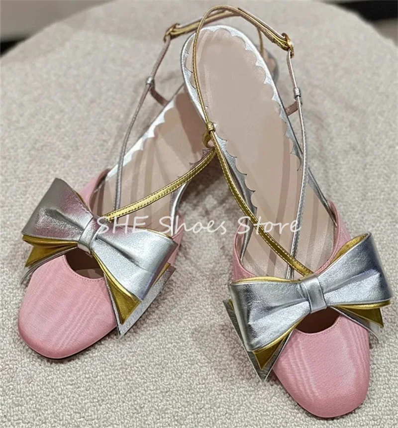 

French Mixed Color Butterfly Knot Decor Women Sandals Round Toe Low Heel Shallow Mules Ladies Slingback Pumps Party Dress Shoes