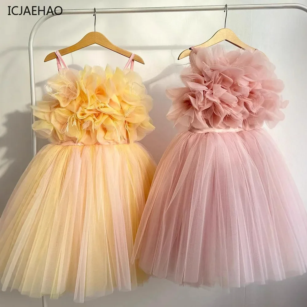 2025 Children's Flower Girl Dress Wedding Princess Dresses for Little Girls Pink Blue Purple Spaghetti Strap Tulle Tutu Skirt