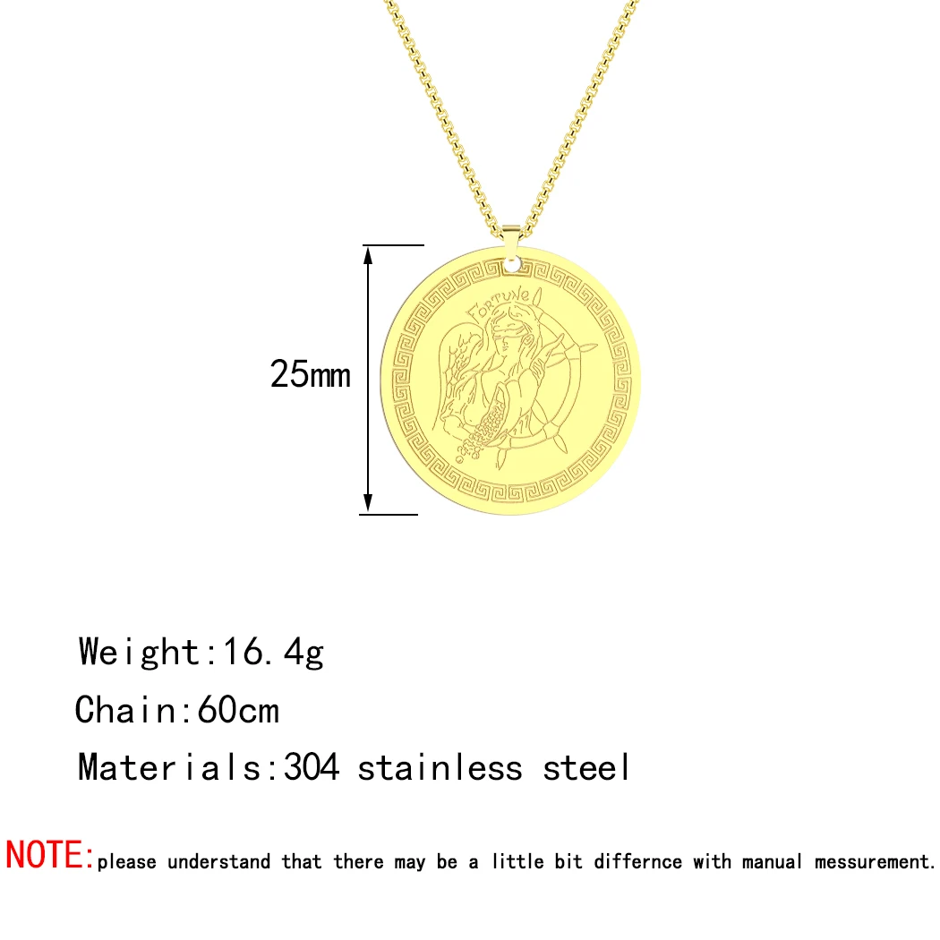 CHENGXUN Roman Goddess of Luck - Fortuna Pendant Necklace Women Men Stainless Steel Ancient Greek Tyche Amulet Charm Neck Chain