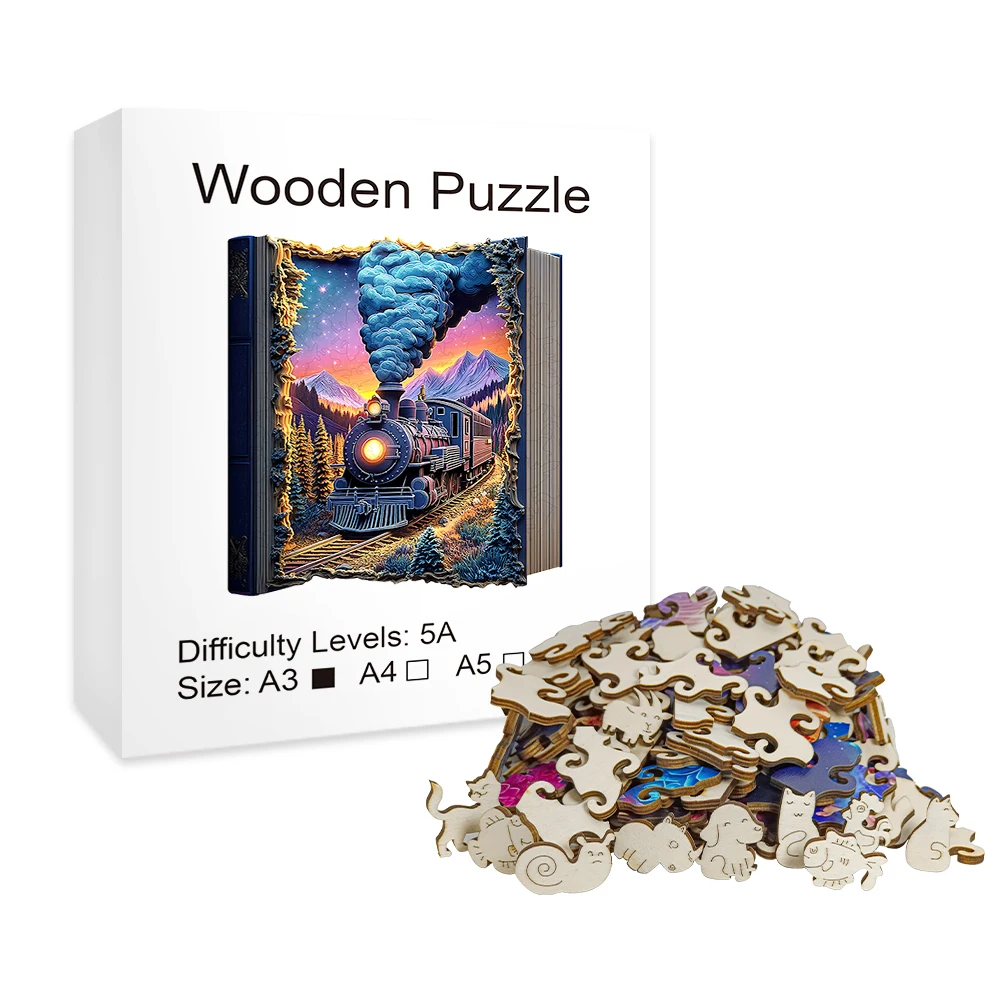 "Puzzle en bois de train |   Jeu de cerveau stimulant avec des pièces coupées irrégulières • Construction en bois durable • œuvres d'art colorées et int