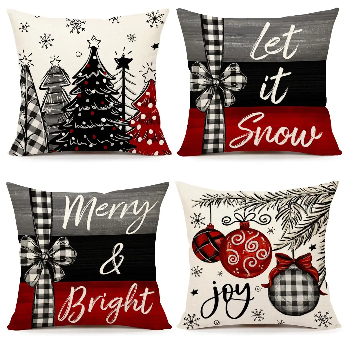 Christmas Throw Pillow Covers Inch Set of 4, Xmas Tree Winter Farmhouse Holiday Merry Bright Cushion Case for Home Couch Decor