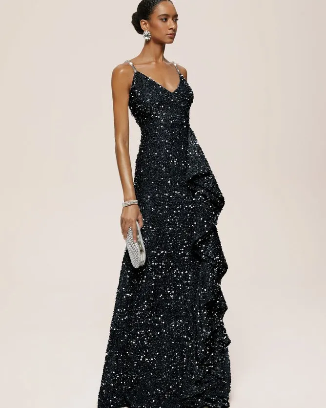 แฟชั่นเลื่อมชุดราตรีเซ็กซี่ V คอสายสปาเก็ตตี้ด้านข้าง Ruffles ชุดปาร์ตี้ Glitter Sequined ชุดราตรียาวตรง