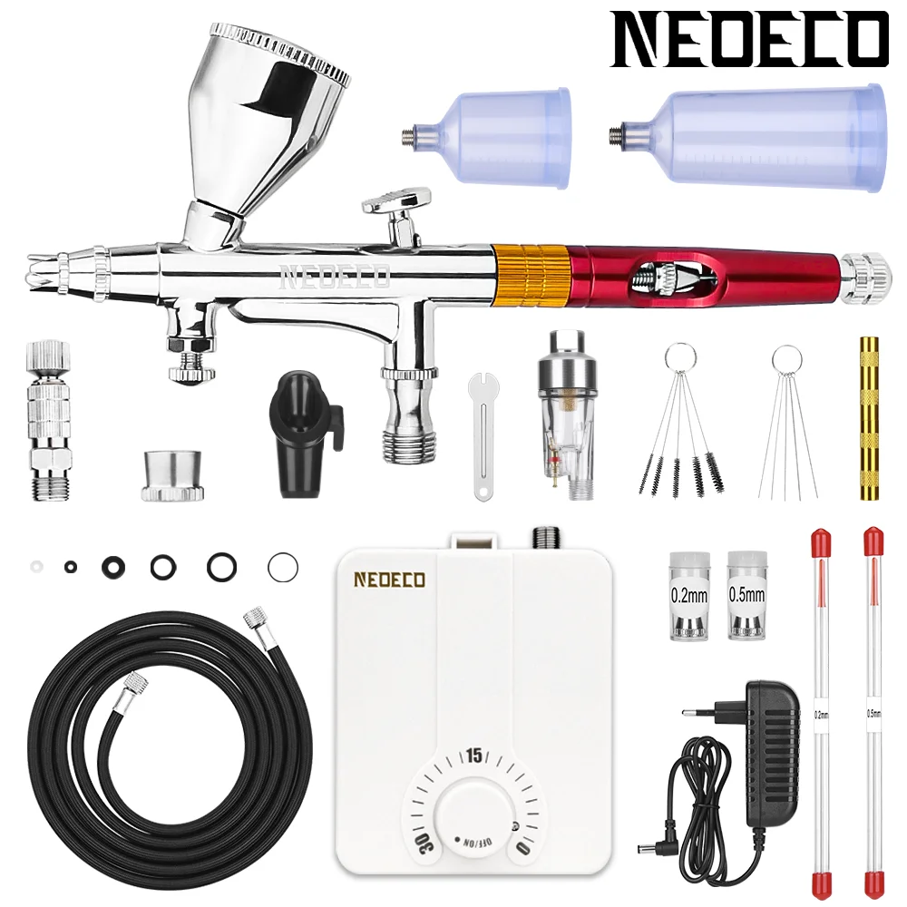 Dual-Action Airbrush met 30psi Auto Stop Compressor Kit Air Brush Spuitpistool voor Make-up Nagelverf Tattoo Body Cake Auto Kapper