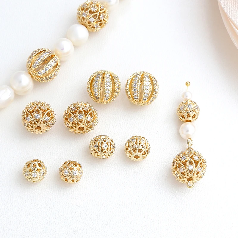 Copper Plated with Genuine Gold Zircon Inlaid Hollow Circular Partition Beads DIY Manufacturing Fashion Jewelry Accessories