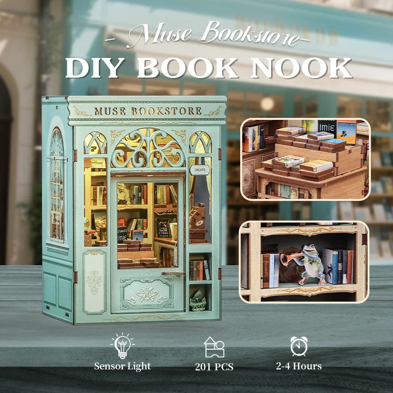 Cutebee DIY Mini Holzpuppenhaus mit LED-Licht Puppenhaus Muse Bookstore für City Walk Serie DIY