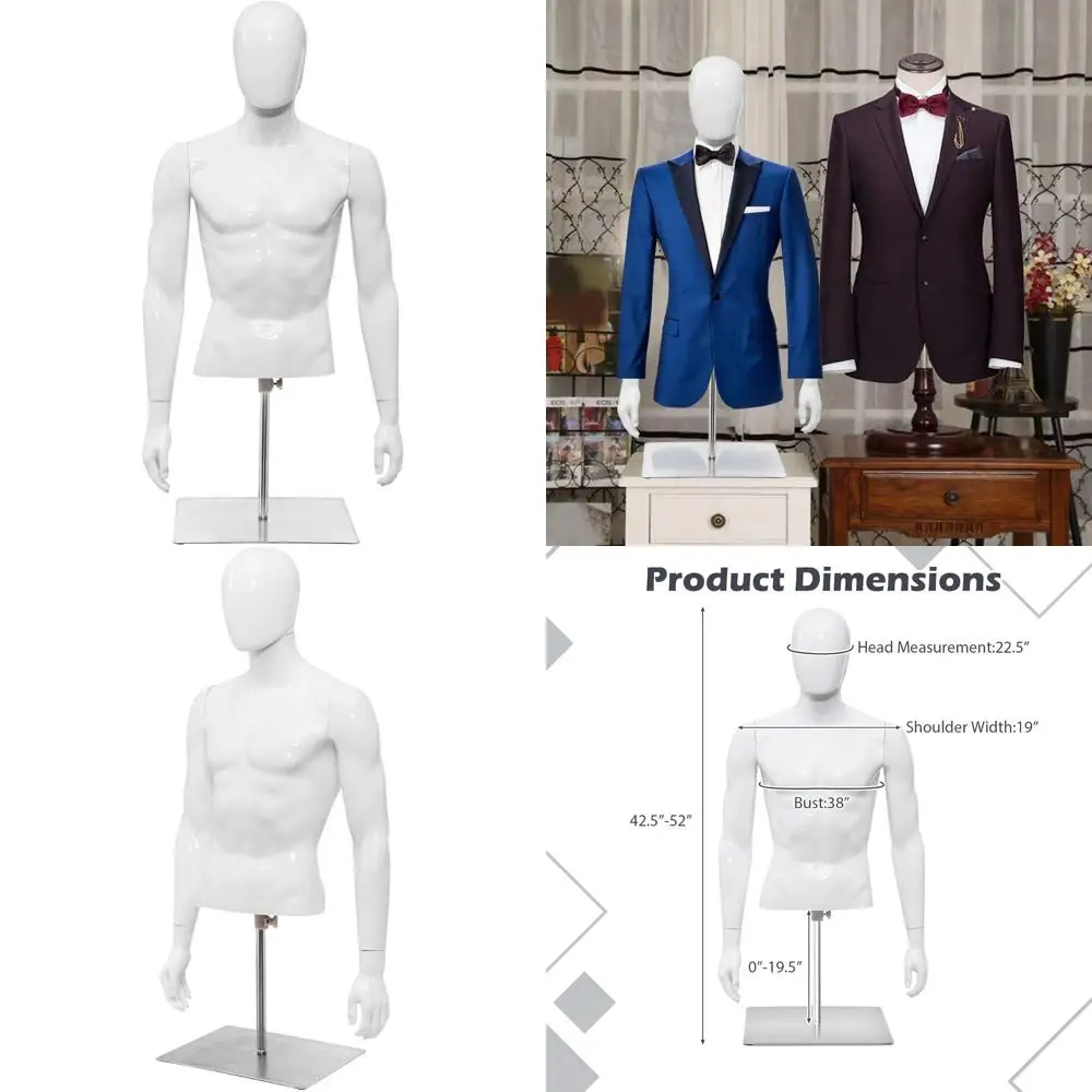 

Adjustable Height Male Mannequin with Detachable Arms and Metal Stand, Bright White Display