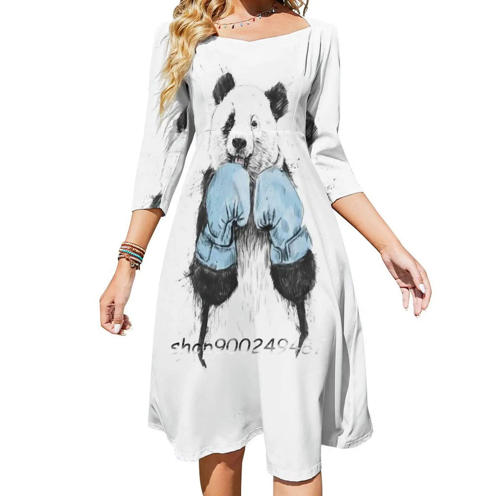 The Winner Dresses For Women A-Line Korea Style Slim Long Sleeve Dress Panda Animal Sport Boxing Boxing Gloves Humor Funny Cute