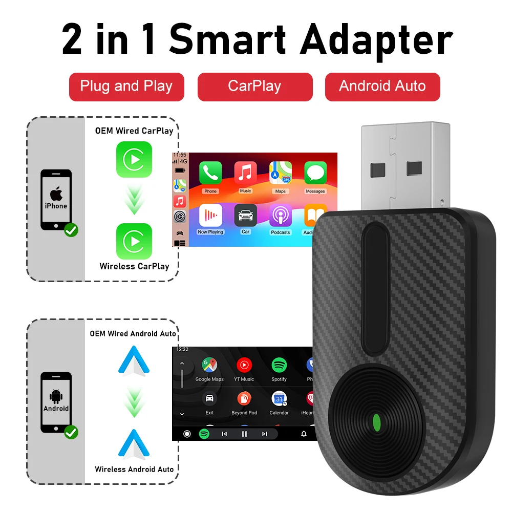 카플레이 안드로이드 오토 2 in 1 무선 어댑터, OEM 카 스테레오용 어댑터 (USB 플러그 앤 플레이, 유선 카플레이를 카플레이로 변환)