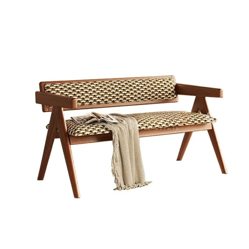 

Medieval solid wood bench designer home soft bag backrest bench French retro ash wood living room shoe changing stool