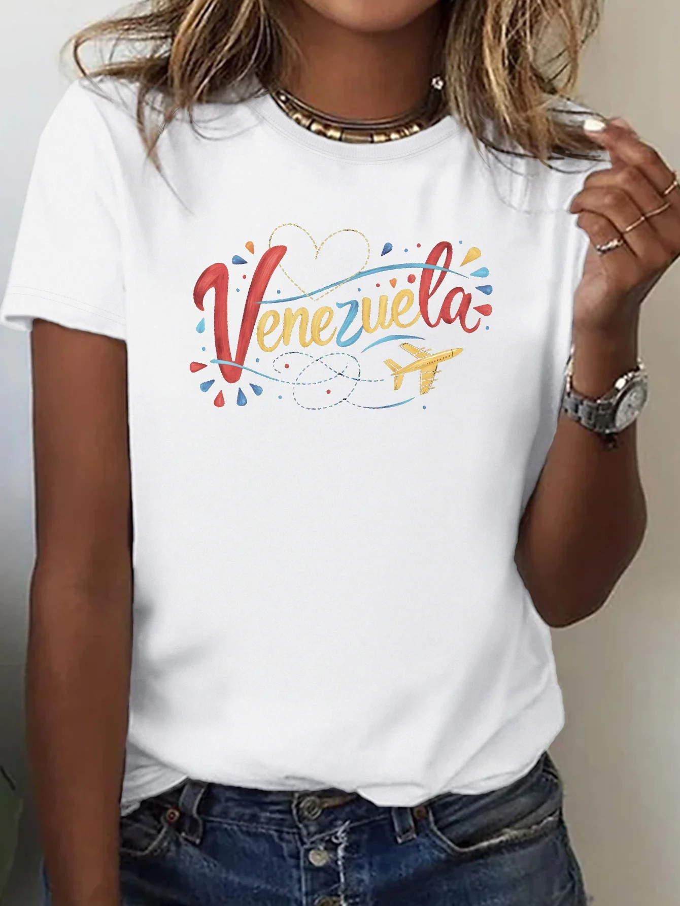 Women's Venezuela Graphic Print T-Shirt with Airplane Hearts Design Summer Short Sleeved Harajuku Streetwear Tops Tees