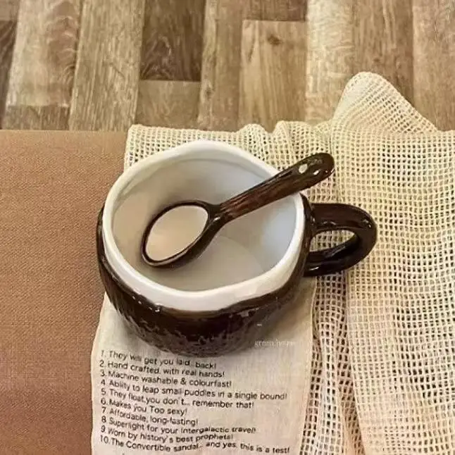 Coconut Shape Water Cup Creative Ceramics Coffee Cup Imitation Coconut Shell Breakfast Cup for Restaurant Cafe Mug with Spoon