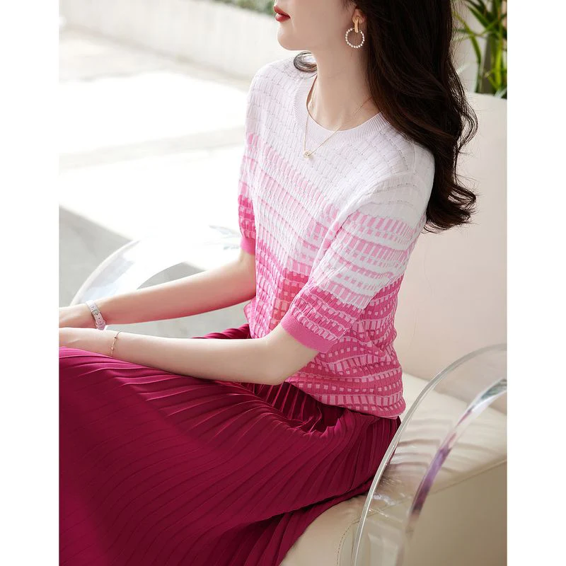 Top redondo de punto de seda de hielo Ne ort Sve para mujer, Top de Color con bordado Floral, patrón coreano Sle Commute Faion