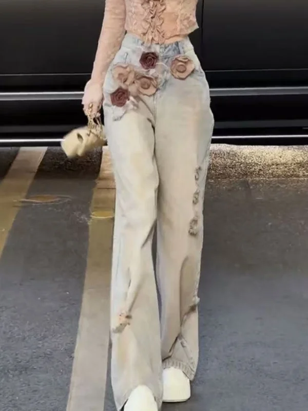 

Широкие джинсы с высокой талией, женские летние новые свободные джинсы прямого кроя, брюки длиной до пола, повседневные брюки с вышитыми отверстиями