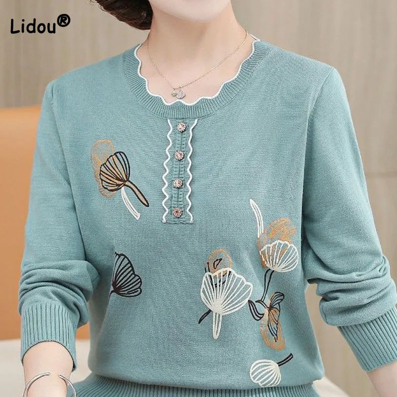 

Women's Clothing Printed Solid Color Elegant Sweaters Spring Autumn Fashion Button Patchwork Round Neck Knitted Tops for Female