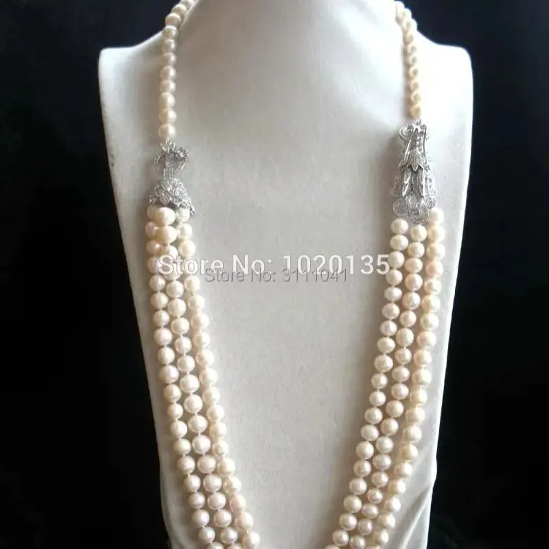 3rows freshwater pearl white near round  8-9mm &dragon clasp necklace 19-22inch FPPJ wholesale beads nature