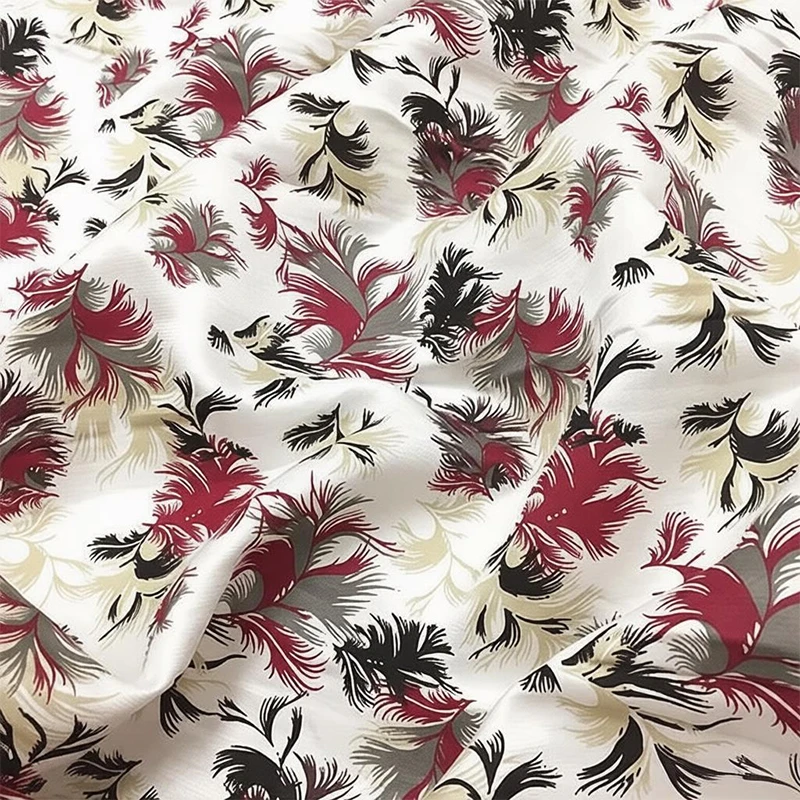 1 meter 60% Mulberry Silk 40% Linen 18 momme Silk Fabric White Feather Printed 140cm 55