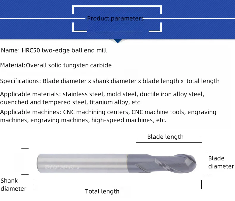 HRC50 2 Flutes  AlTiN Coating Ball Nose End Mill Tungsten Carbide Ball Head Milling Cutter R0.5x6x2x50 R2.5x6x10x100 R1x6x4x100