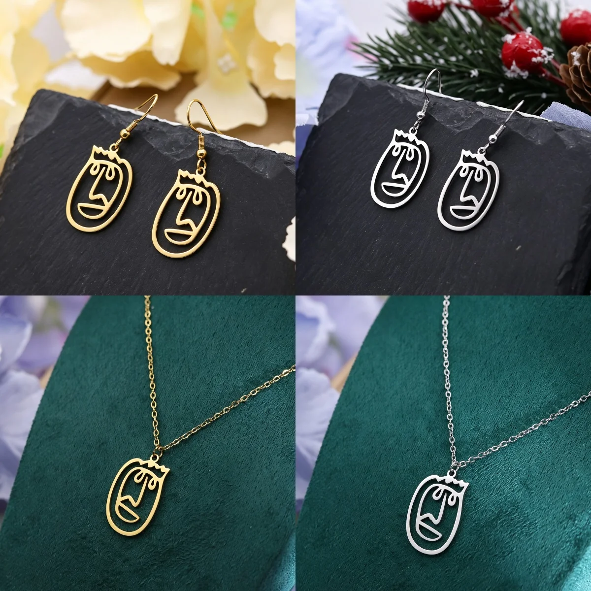 Todorova Trend Abstract Irregular Face Statue Pendants Stainless Steel Statement Chic Dangle Earrings Necklace For Women
