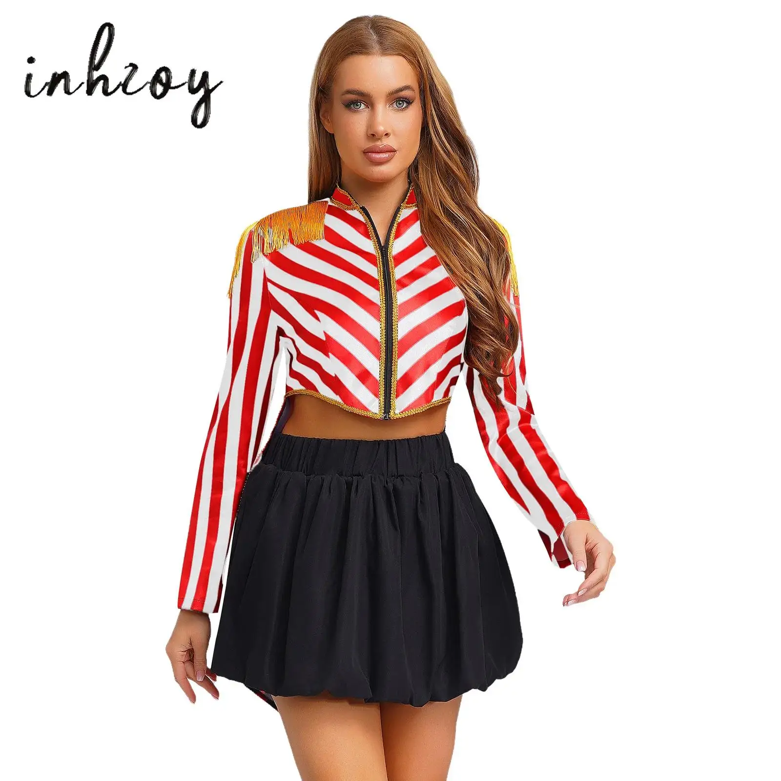

Women's Magician Tailcoat Long Sleeve Tassel Shoulder Boards Striped Jacket Coat for Halloween Circus Ringmaster Dress-up Party