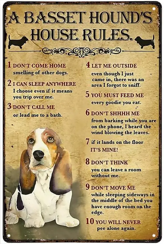 Vintage Basset Hound House Rules Tin Sign - Metal Decor for Home Office Bar Rustic Wall Art