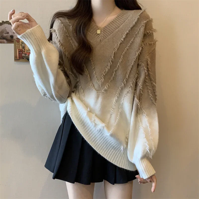 Autumn and Winter New Women Sweater Gradient Color V-neck Tassel Fashion Design Lazy Loose Versatile Pullover Female