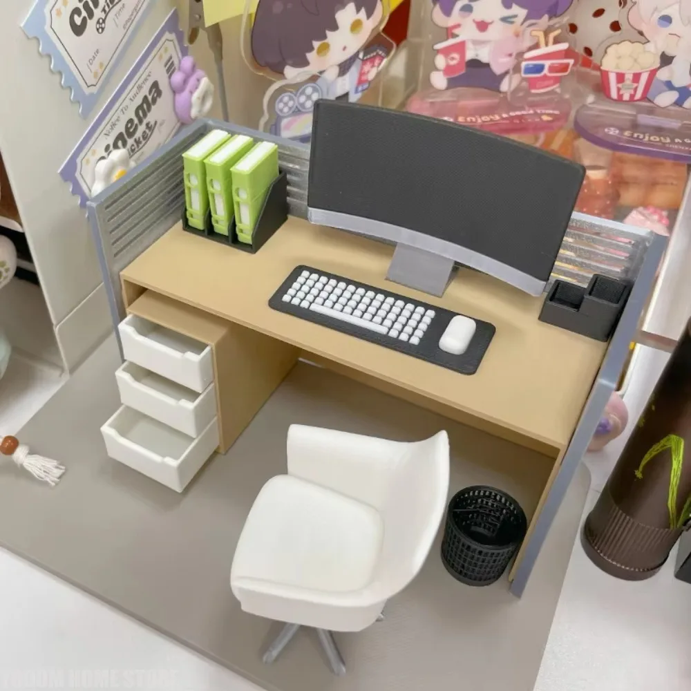 1/12 Scale Miniature Office Scene Model Set - File Cabinet Computer Desk and Chair Home Workspace Decorative Decoration