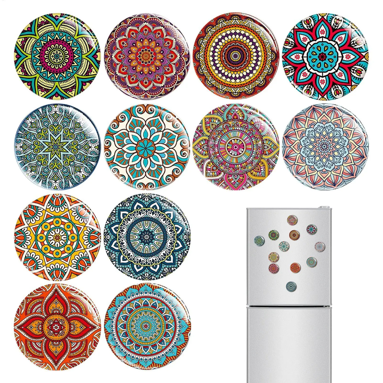 12Pcs Bohemia Fridge Magnets Mandala Flower Decorative Anti Slip Glass Refrigerator Magnet for Kitchen Cabinet Metal Board