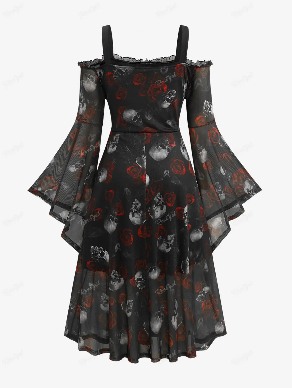 ROSEGAL Plus Size Halloween Dresses For Women Skull Rose Print Mesh Bell Sleeve Cold Shoulder Dress 2023 New Gothic Midi Vestido