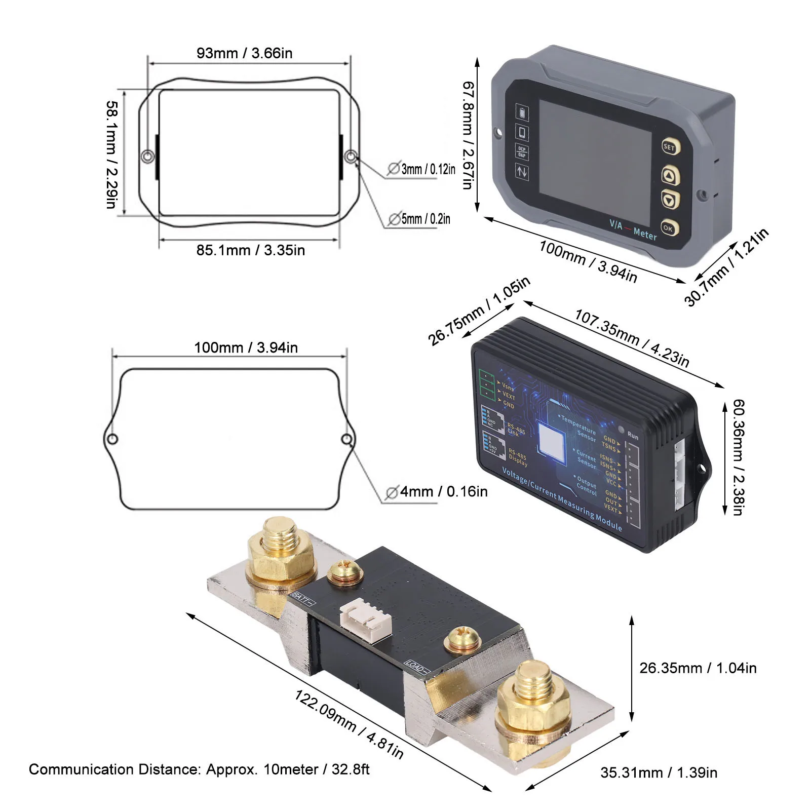 

Монитор батареи 400А Монитор батареи для автодома Монитор батареи 400A Ультра четкий дисплей 2,4 дюйма со шунтом Измеритель напряжения и тока 0‐120 В