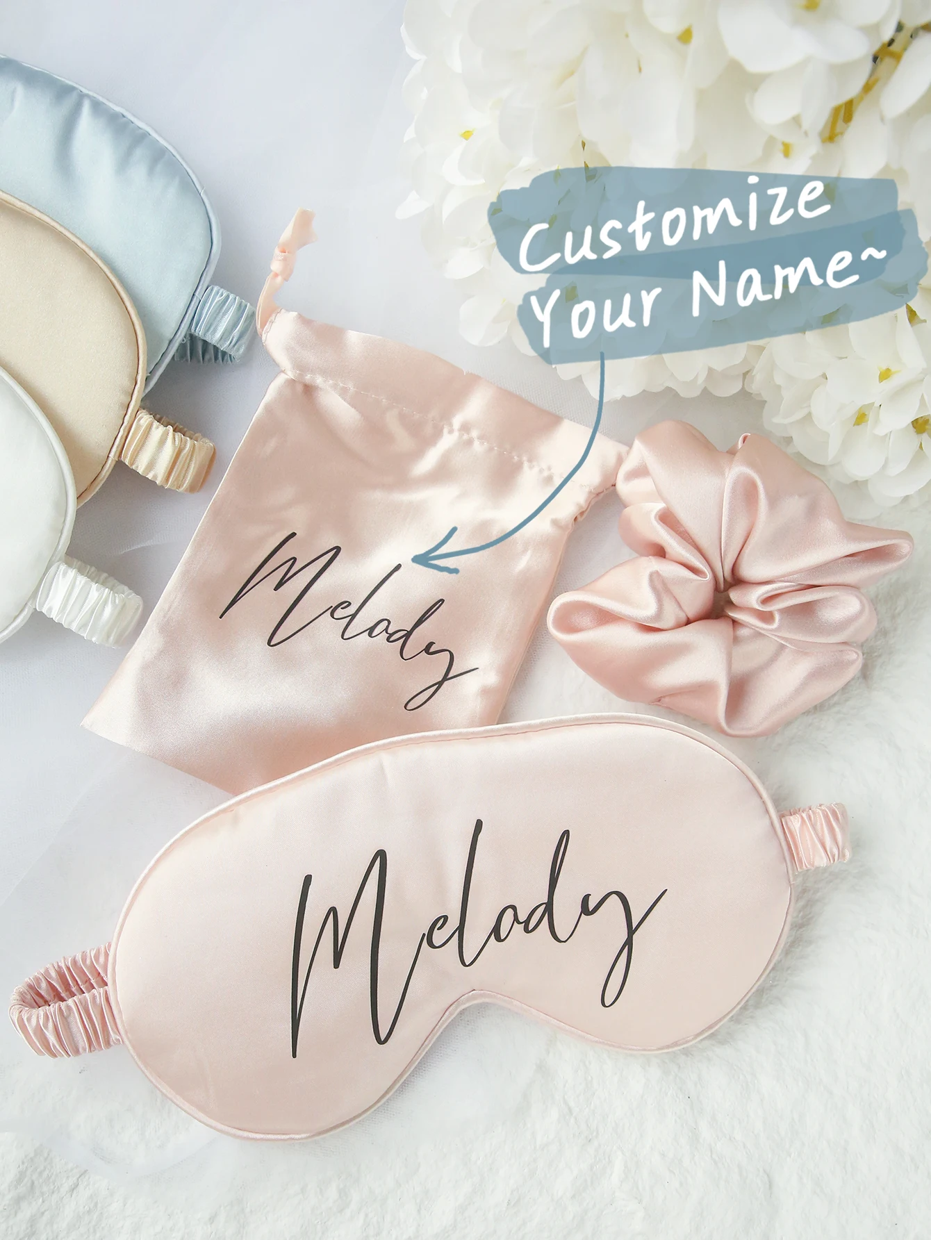 3PCS Custom Name Eye Mask with a Scrunchie and Storage Bag Personalized Monogram Sleep Mask Hair Scrunchie Best Bridesmaid Gift