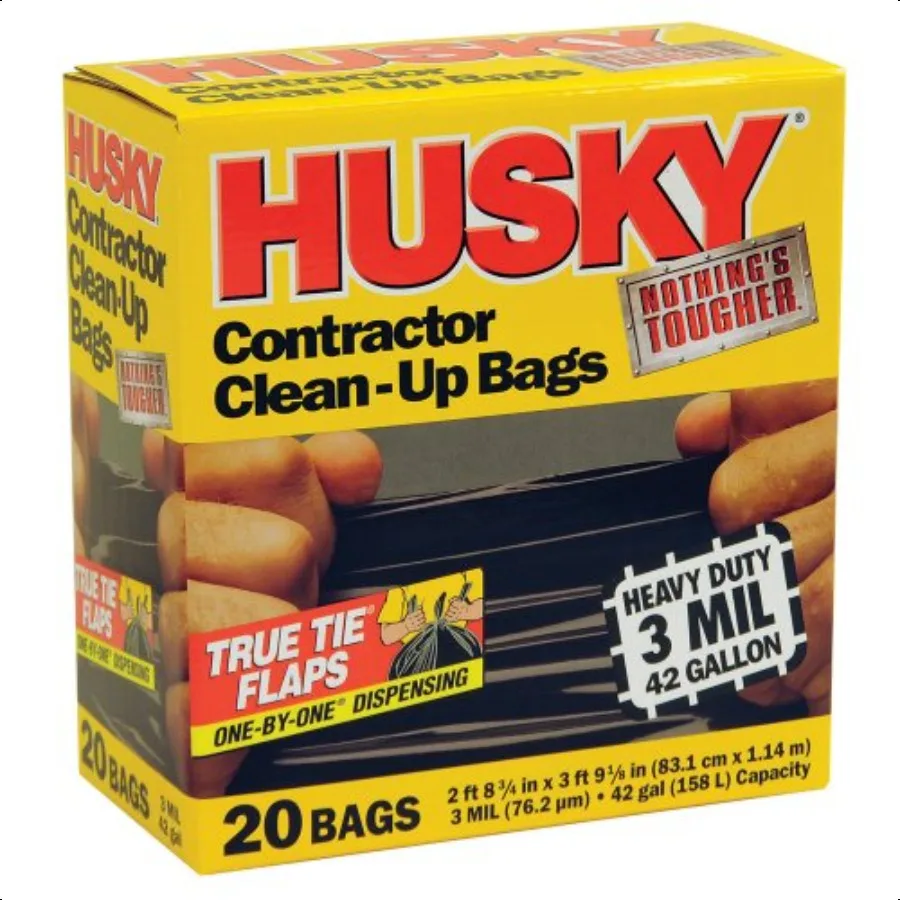 

Husky HK42WC020B 42Gallon Polyethylene Resin Contractor CleanUp Bags 20 Count 2 ft 8.75in L x 3 ft 9.13 in W x il T Black
