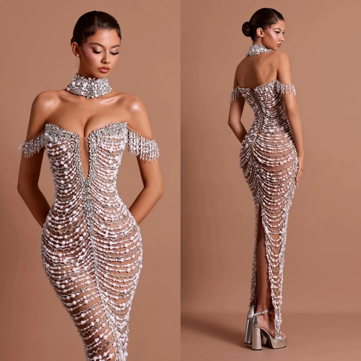 

Exquisite Pearls Wedding Dresses Crystal Bridal Gowns Off Shoulder Illusion Split Mermaid Customized Bride Vestidos De Novia
