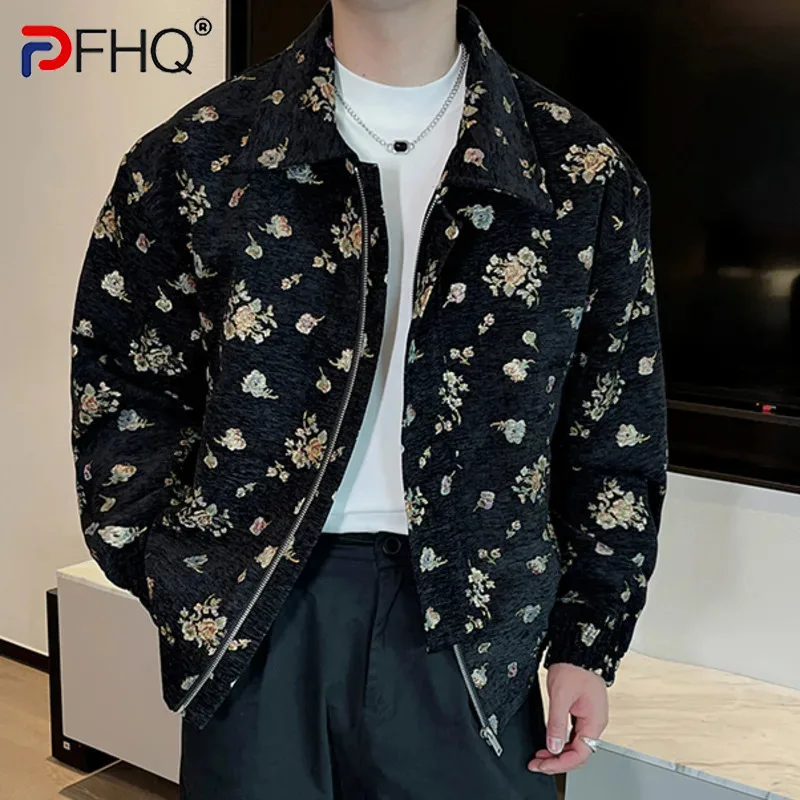 

PFHQ Men's Jackets New Trendy Floral Jacquard Embroidery Clothing Loose Turn-down Collar Contrast Color Casual Male Tops 9C7656