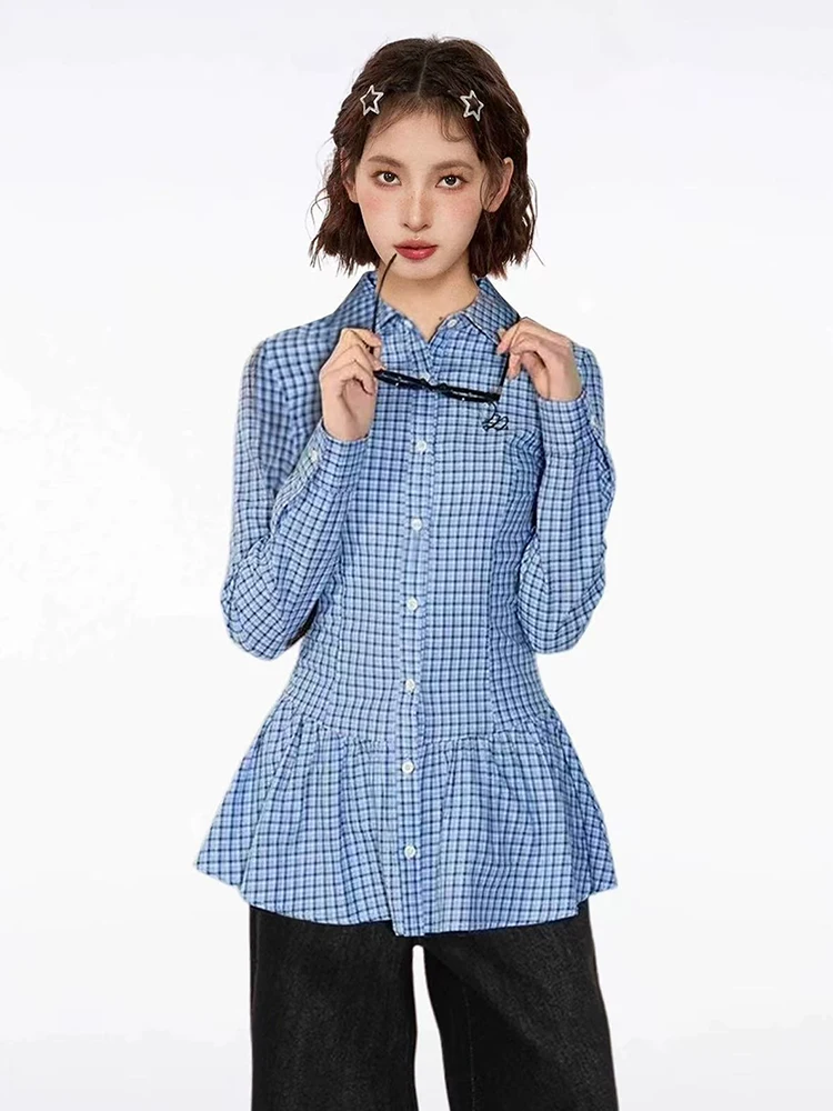 Geruite shirts voor dames herfst chic losse enkele rij knopen met veters Y2K Koreaanse baggy preppy blouse met lange mouwen mujer